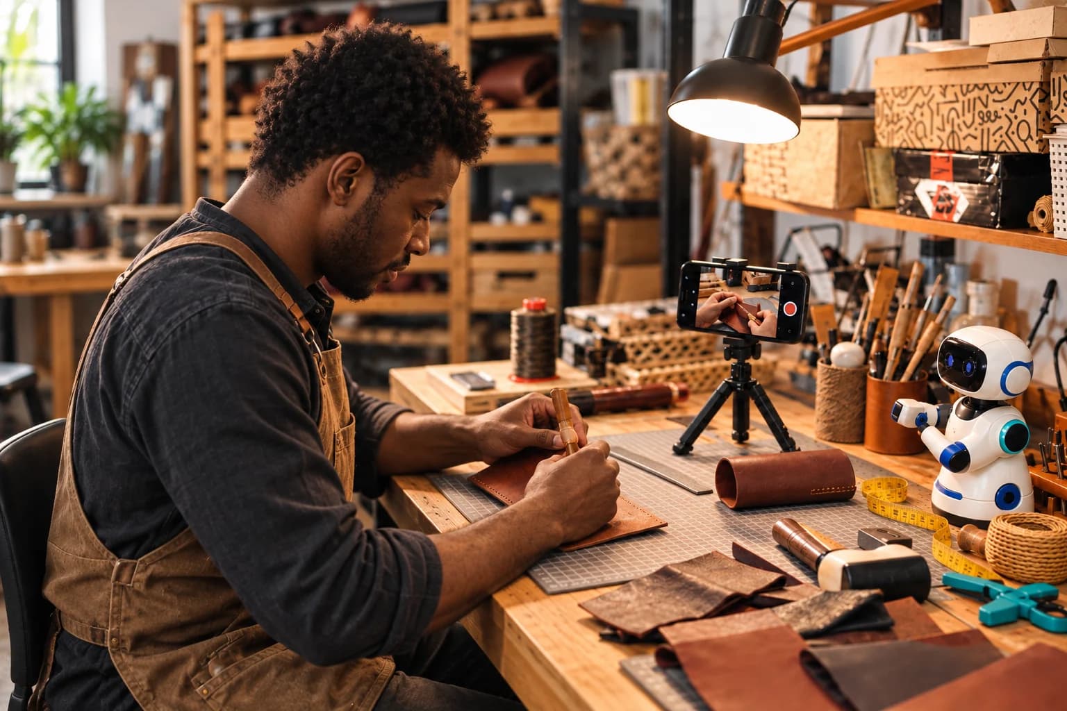 Un artisan prépare sa communication en filmant son savoir-faire avec l’appui d’un robot assistant.