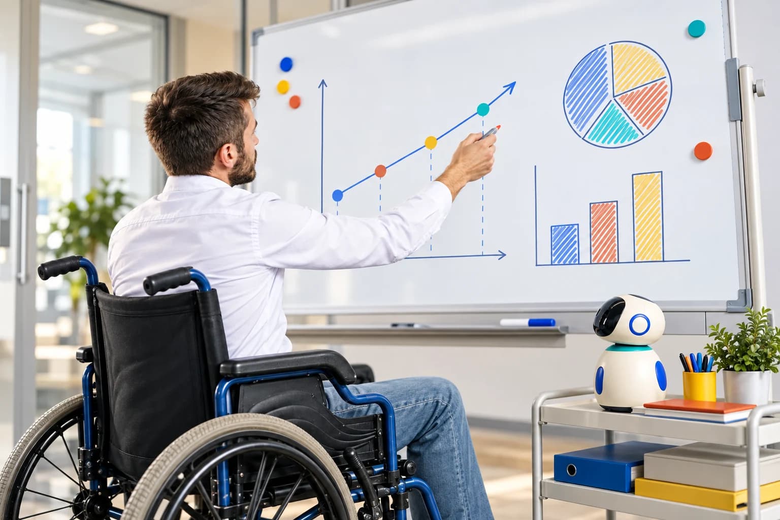 Un responsable en fauteuil pilote les indicateurs de son activité avec l’appui d’un robot assistant.