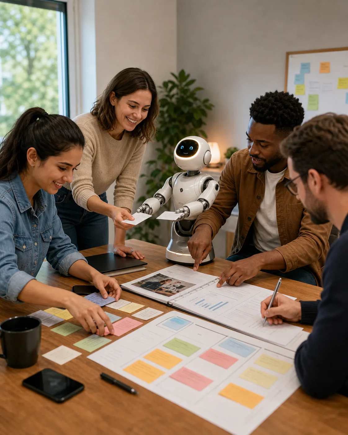 Une équipe travaille sur son projet ; un assistant robot les aide à comparer leurs options, la décision reste humaine.